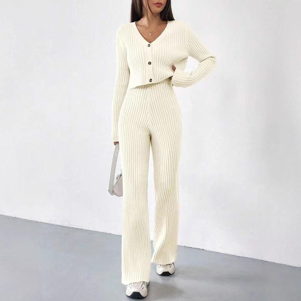 Two-piece Women's V-neck Short Knitted Cardigan Bootcut Trousers Versatile Casual Women's Clothing
