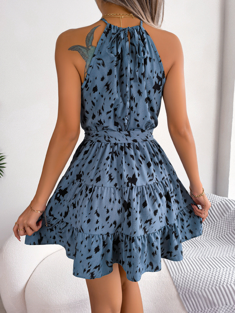 Lässiges Leopardenmuster, gerüschtes Swing-Kleid, Sommermode, Strandkleider für Damen