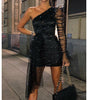 Sexy dress with shiny gauze diagonal shoulders