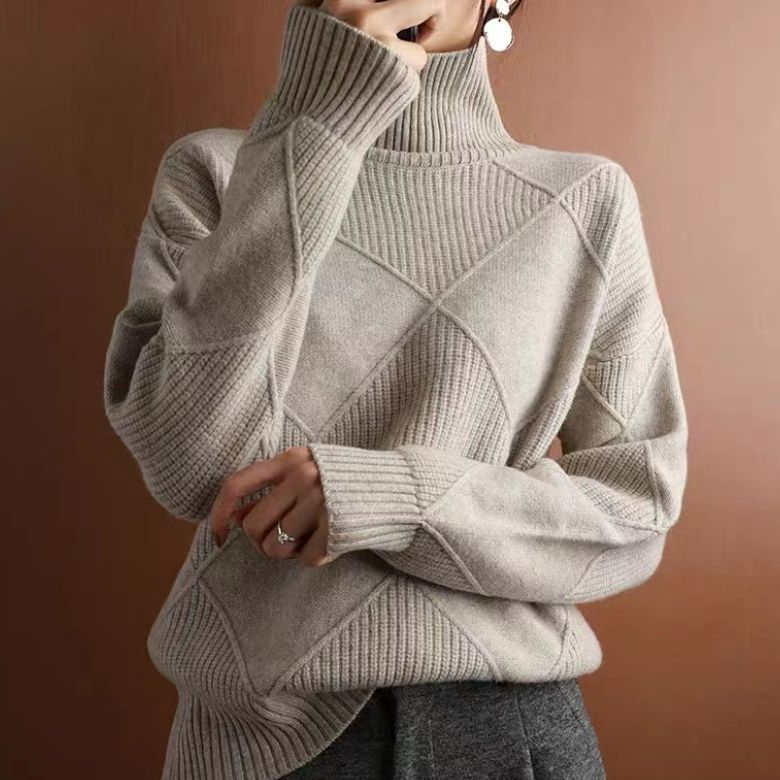 Women's Turtleneck Textured Rhombus Sweater