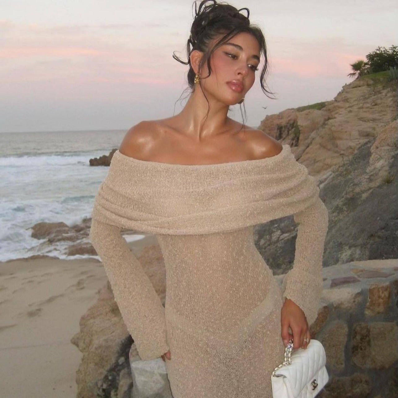 One-Shoulder Knitted Long Sleeve Dress