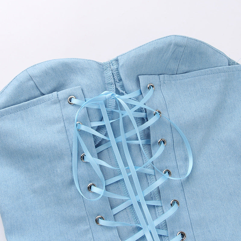 Y2K Back-Tie Denim Corset Top