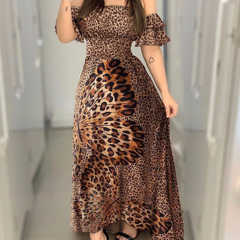 Leoparden-V-Ausschnitt, langärmliges Leopardenkleid für Damen