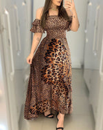 -neck long sleeve leopard dress