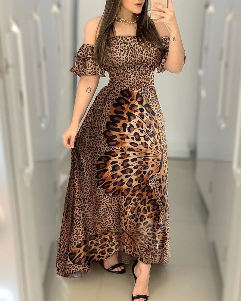 Leoparden-V-Ausschnitt, langärmliges Leopardenkleid für Damen