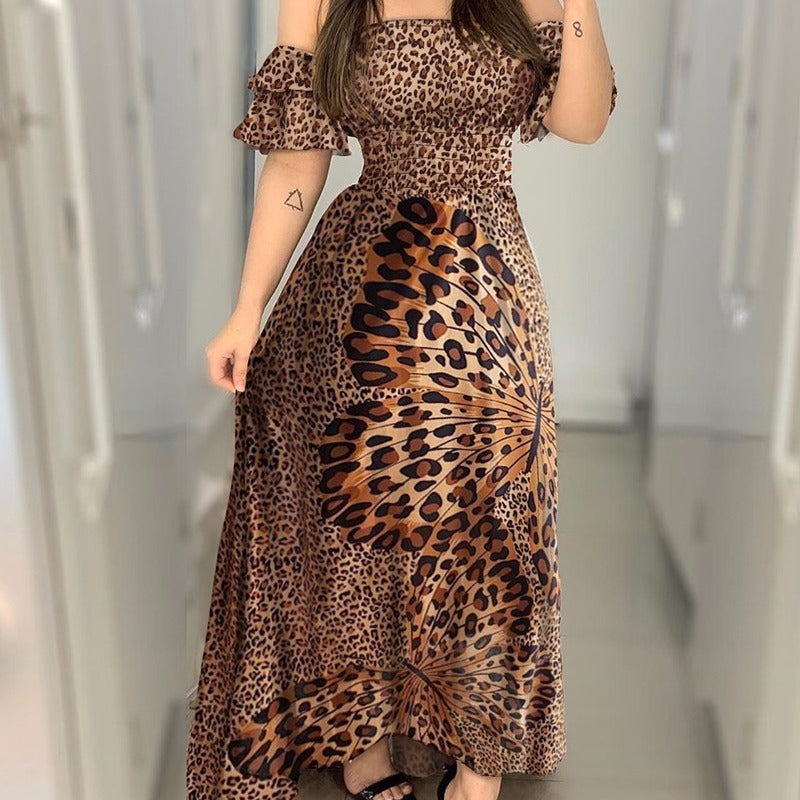 -neck long sleeve leopard dress