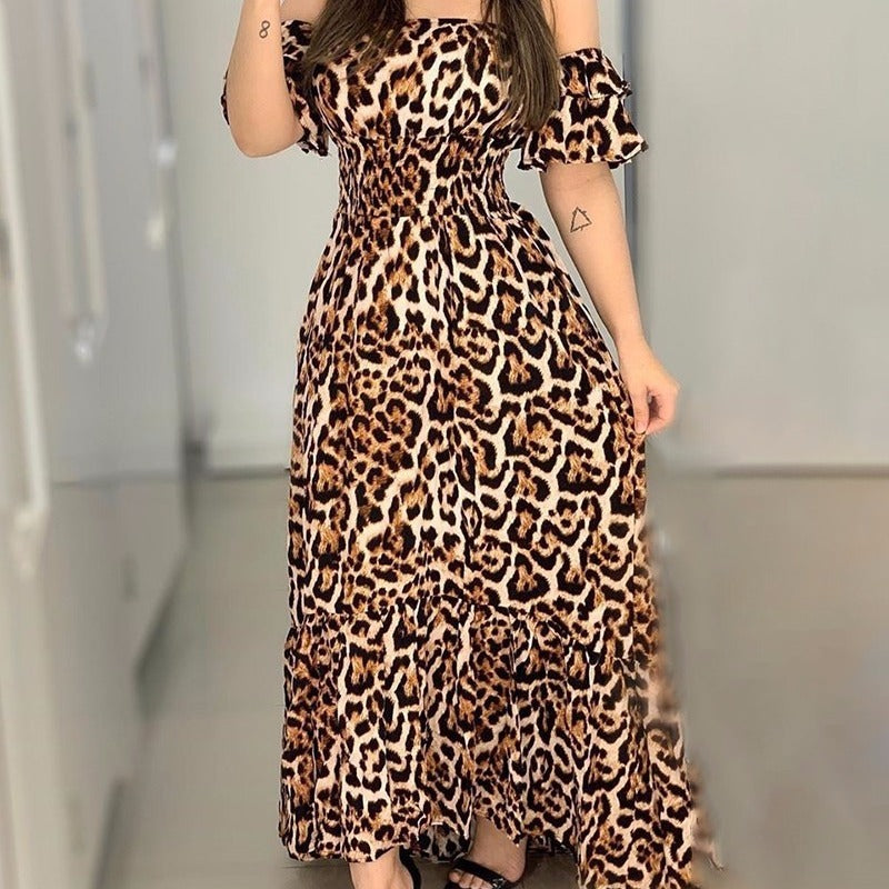 -neck long sleeve leopard dress