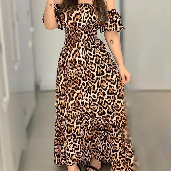 -neck long sleeve leopard dress