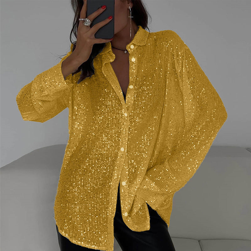 Sequin Long-Sleeve Party Top – Women's Street-Style Lapel Shirt