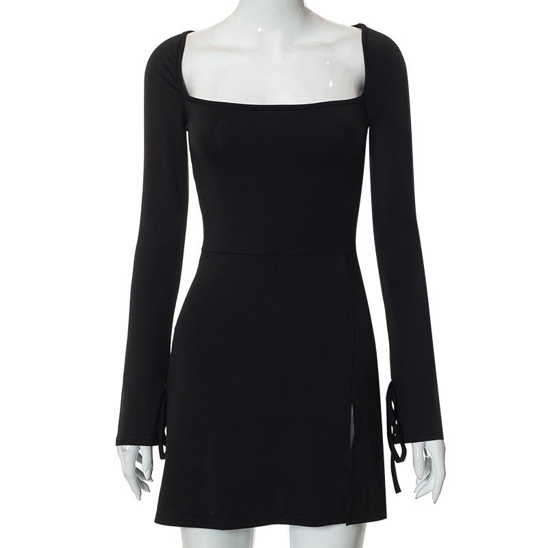 Square-neck Long Sleeve Split Dress – Slim & Stylish Short Skirt!