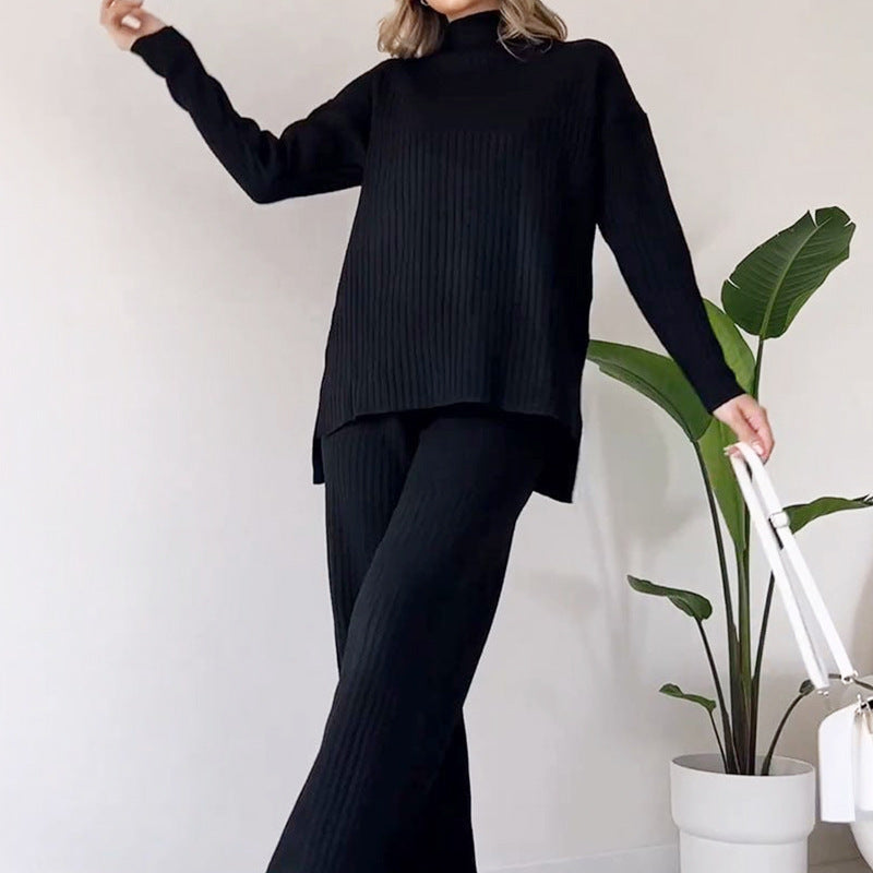 Loose-fit turtleneck knitted set with a long-sleeved top and straight trousers