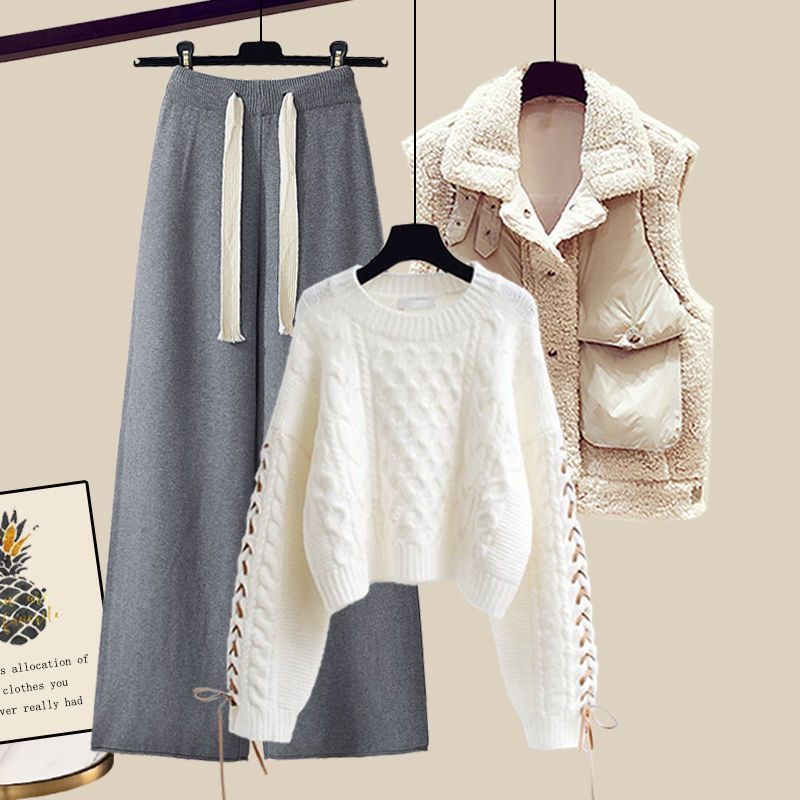 Women’s Autumn/Winter Knitted 3-Piece Set – Vest, Sweater & Wide-Leg Pants