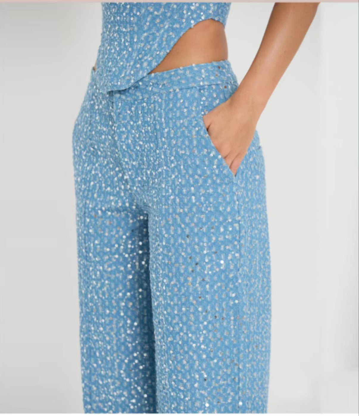 Fashion Denim Sequined Tube Top Wide Leg Pants Suit