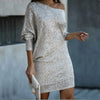 Fashion Oblique Shoulder Sequins Dress Ins Long-sleeved Dresses