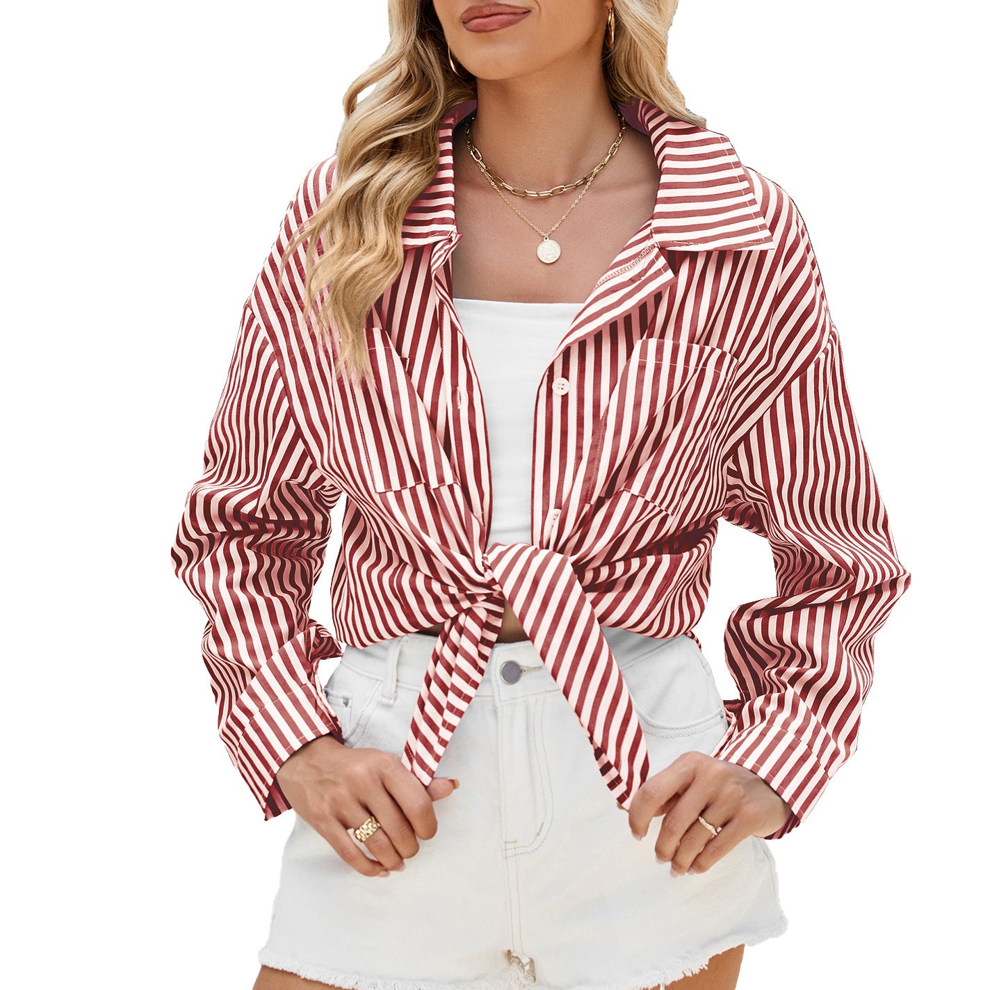 Striped Casual Long Sleeve Button-Up Shirt with Pockets