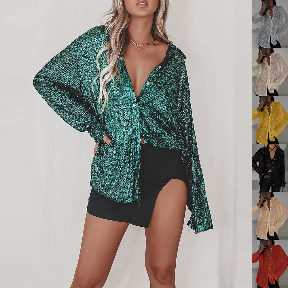 Sequin Long-Sleeve Party Top – Women's Street-Style Lapel Shirt