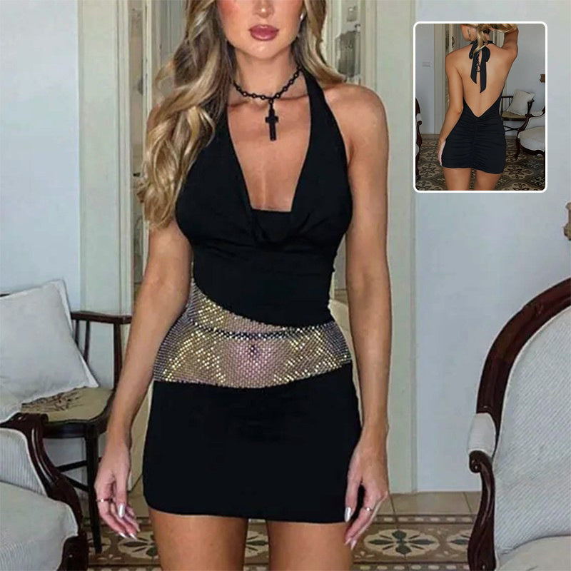 Sexy Slim Deep U-neck Sequin Mesh Patchwork Halter Dress.