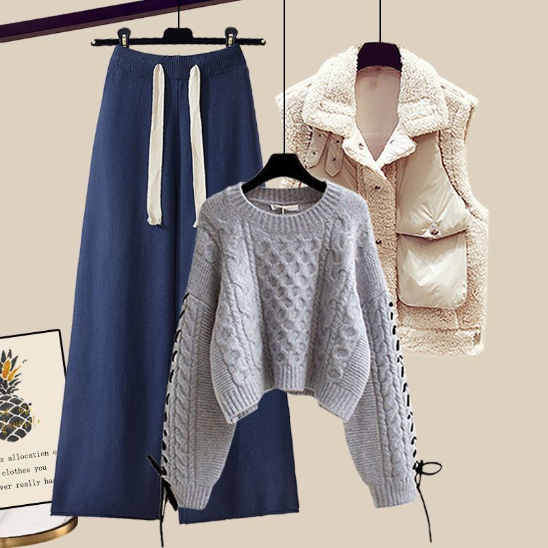 Women’s Autumn/Winter Knitted 3-Piece Set – Vest, Sweater & Wide-Leg Pants