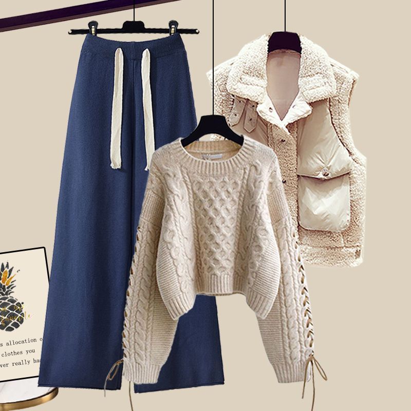 Women’s Autumn/Winter Knitted 3-Piece Set – Vest, Sweater & Wide-Leg Pants