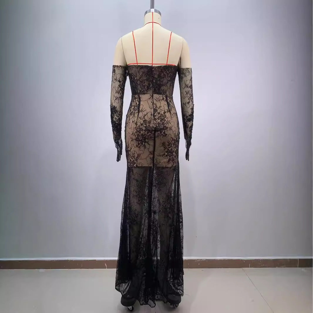 Black Bandeau Slim-fit Lace Mesh Tight Split Long Sheath Dress
