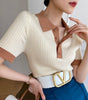 Contrast Color Polo Collar Ice Silk Knitted Short Sleeve T-shirt Women's Thin Top