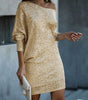 Fashion Oblique Shoulder Sequins Dress Ins Long-sleeved Dresses