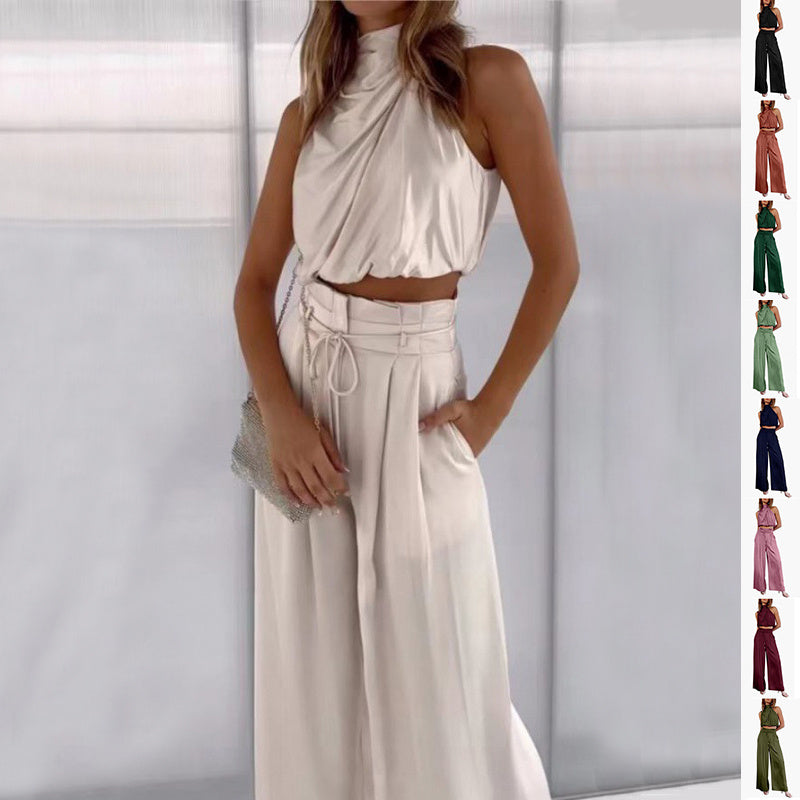 Sleeveless Crop Top & Wide-Leg Pants Set