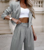 Striped Lapel Cropped Top & Straight Pants Set