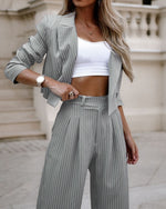 Striped Lapel Cropped Top & Straight Pants Set