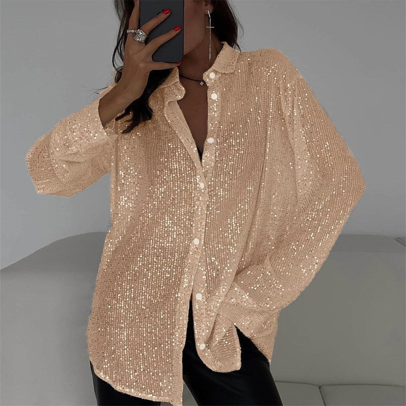 Sequin Long-Sleeve Party Top – Women's Street-Style Lapel Shirt