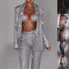 3-Piece Shiny Blazer Set: Bra, Lapel Jacket & Straight-Leg Trousers for Women