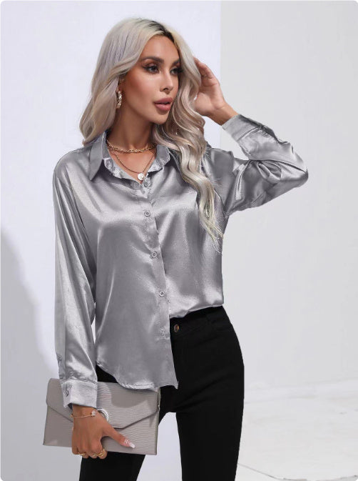 One-Button Satin Long Sleeve Shirt