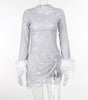 Fashionable Slim-fit Shiny Mesh Fur Cuff Pleated Dress