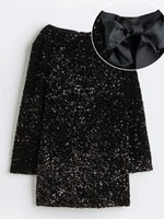 Sequined Back-Bow Dress – Fashionable Round Neck, Long Sleeve Party Dress for Women