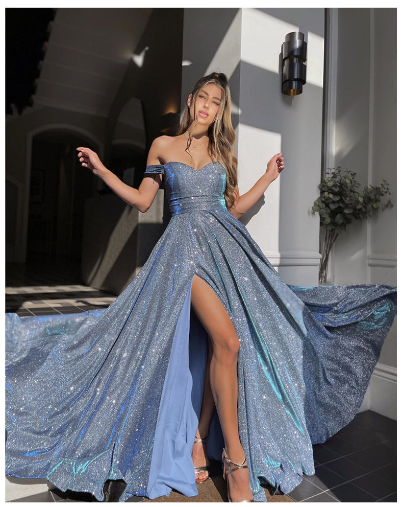 Sequined Large Skirt Tube Top Fashionable With Side-slit Dress