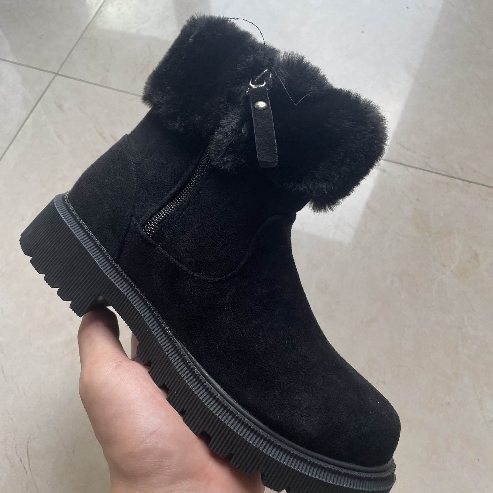 Plüsch-Schneestiefel für Damen – seitlicher Reißverschluss, niedriger Absatz