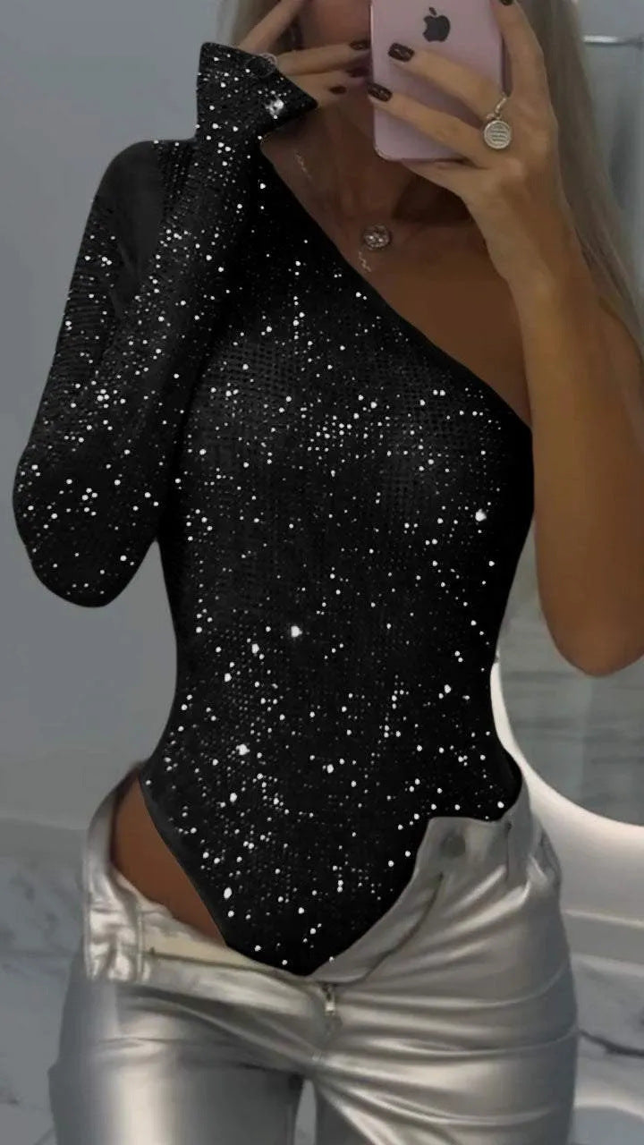 Hot Girl Sexy One-shoulder Tight Rhinestone Sequins Top