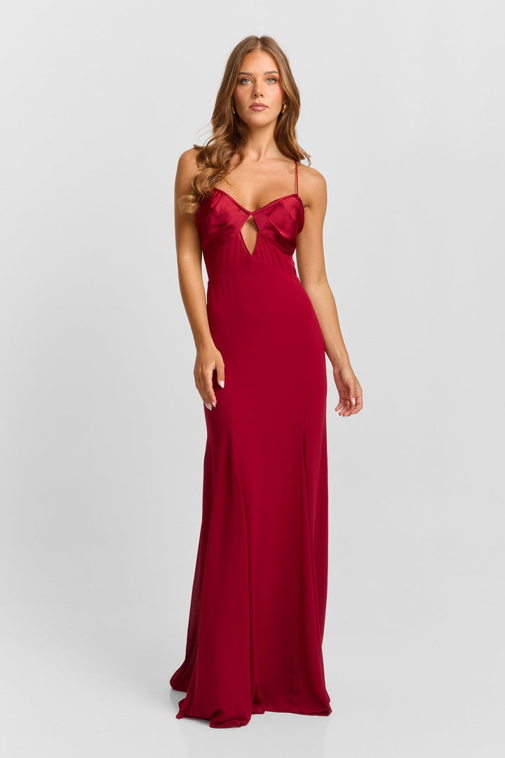 Lexia | Women’s Red Satin Maxi Dress with Front Cutout and Spaghetti Straps