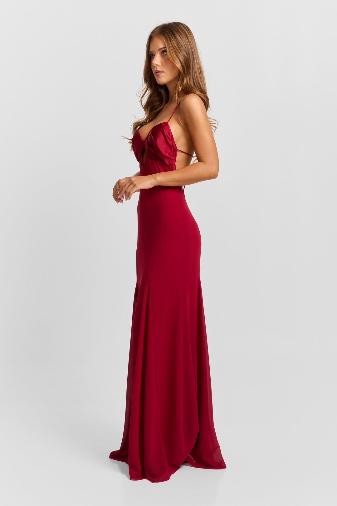 Lexia | Women’s Red Satin Maxi Dress with Front Cutout and Spaghetti Straps