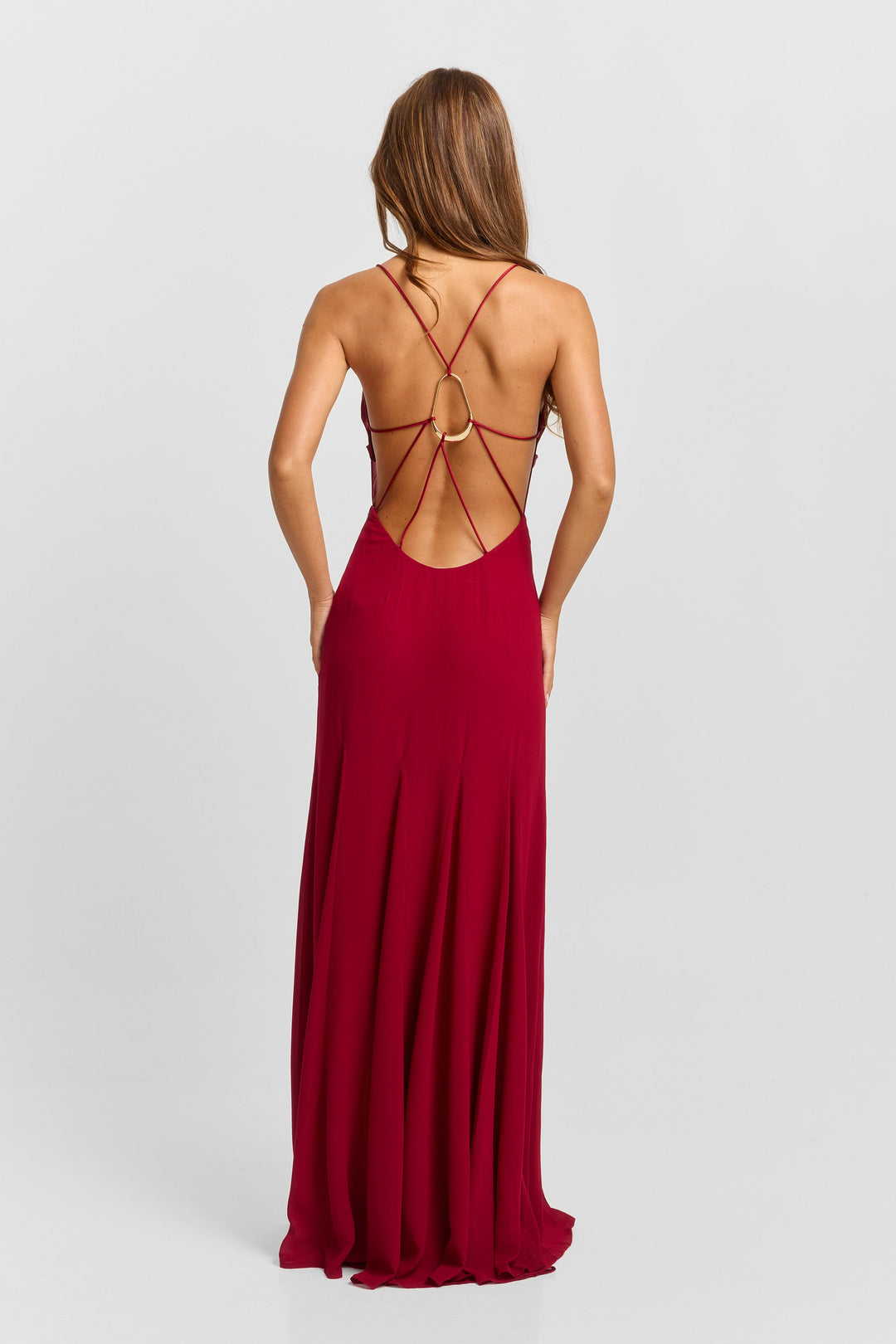 Lexia | Women’s Red Satin Maxi Dress with Front Cutout and Spaghetti Straps