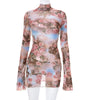 Round Collar Gauze See-through Printed Long Sleeve Dress