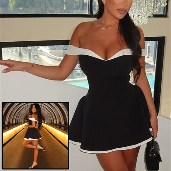 Y2K Black & White Patchwork Mini Dress – Backless, Ruched, Chic Streetwear