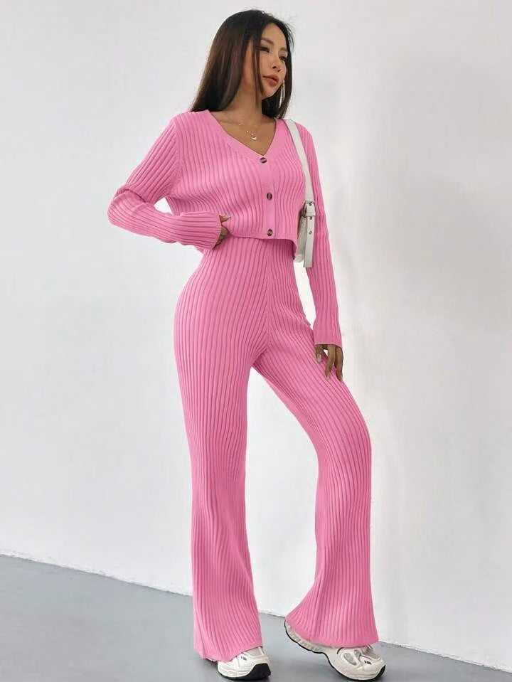 Two-piece Women's V-neck Short Knitted Cardigan Bootcut Trousers Versatile Casual Women's Clothing