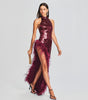 Feather Wine Red Sequined Halter Dress