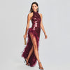 Feather Wine Red Sequined Halter Dress