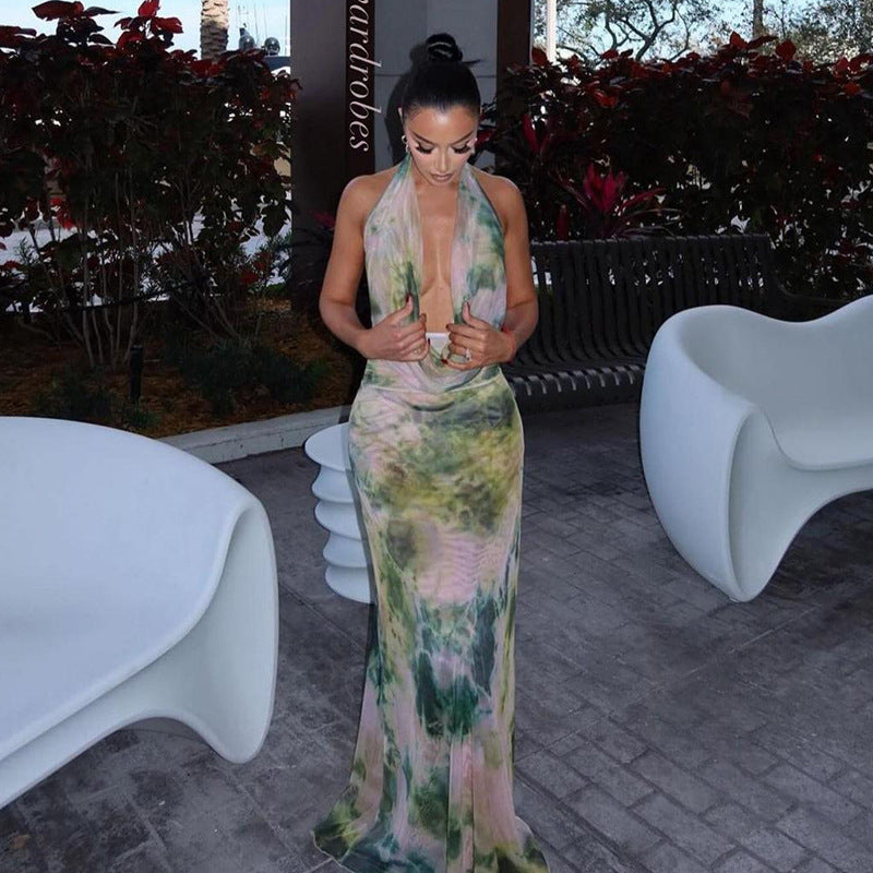 Tie-Dye Deep V-Neck Halter Maxi Dress – 2pcs Beach Party Set