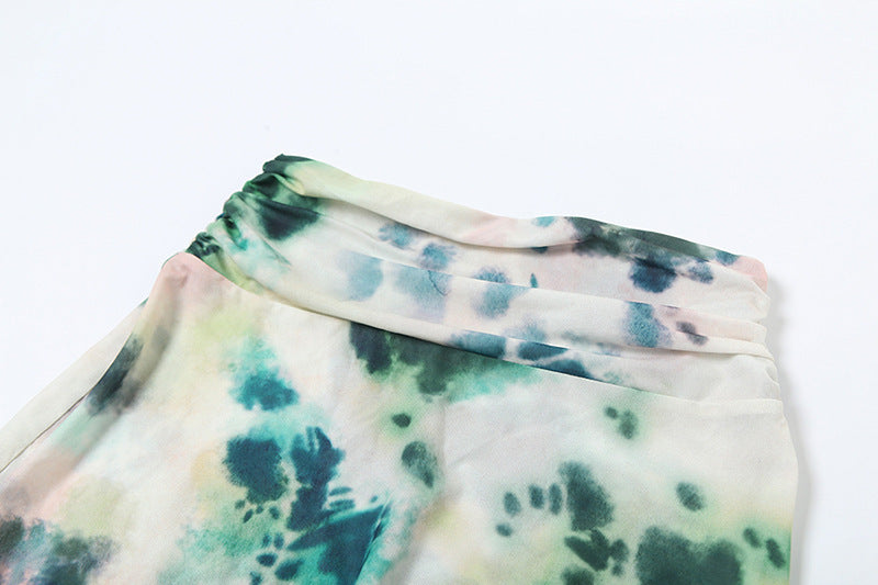 Tie-Dye Deep V-Neck Halter Maxi Dress – 2pcs Beach Party Set