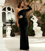 Long Sleeve Diagonal Collar Sexy Cutout Banquet Sheath Velvet Evening Dress