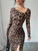 New Women's Round Neck Long Sleeve Sexy Leopard Print Dress