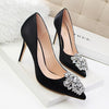 Pointed shiny rhinestone buckle shoes